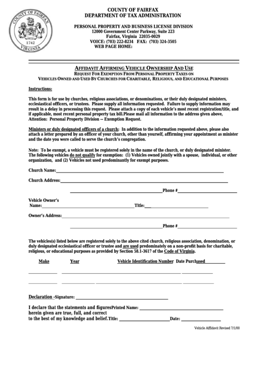 Affidavit Affirming Vehicle Ownership And Use County Of Fairfax