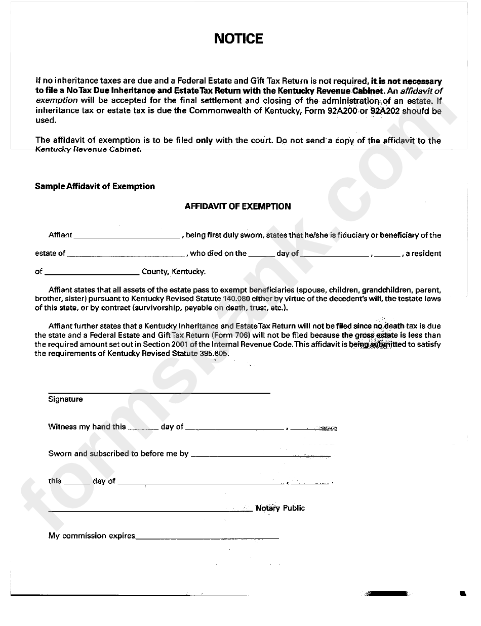 Affidavit Of Exemption Kentucky Tax Exemption Printable Pdf Download