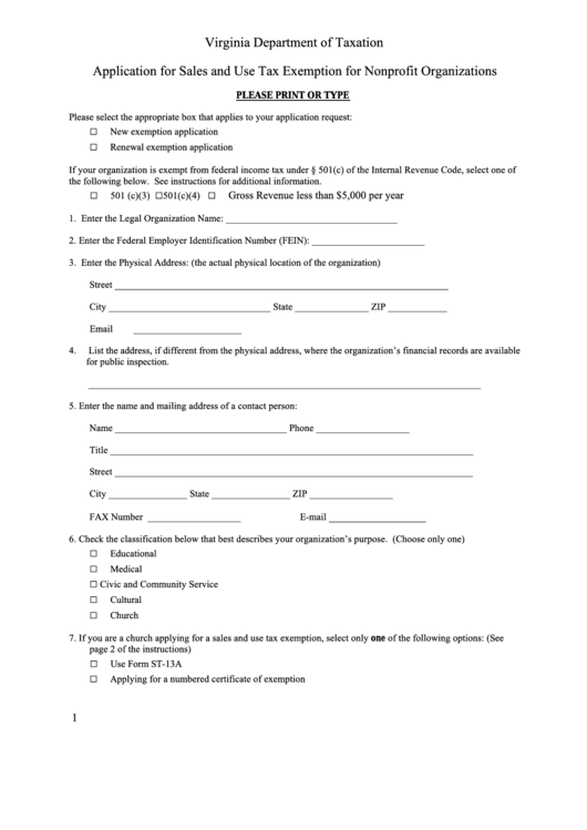 Application For Sales And Use Tax Exemption For Nonprofit Organizations 