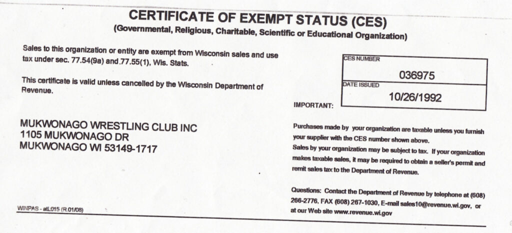 Certificate Of Exempt Status Mukwonago Wrestling Club