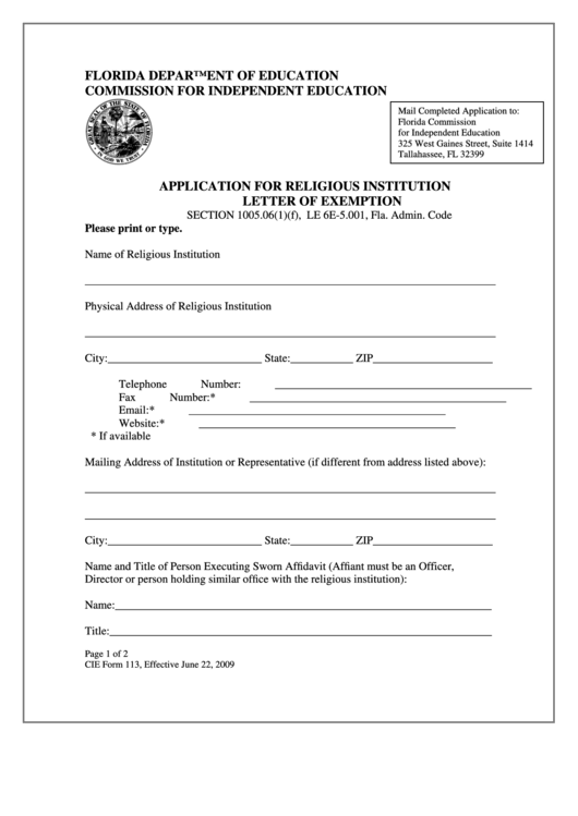 Cie Form 113 Application For Religious Institution Letter Of 