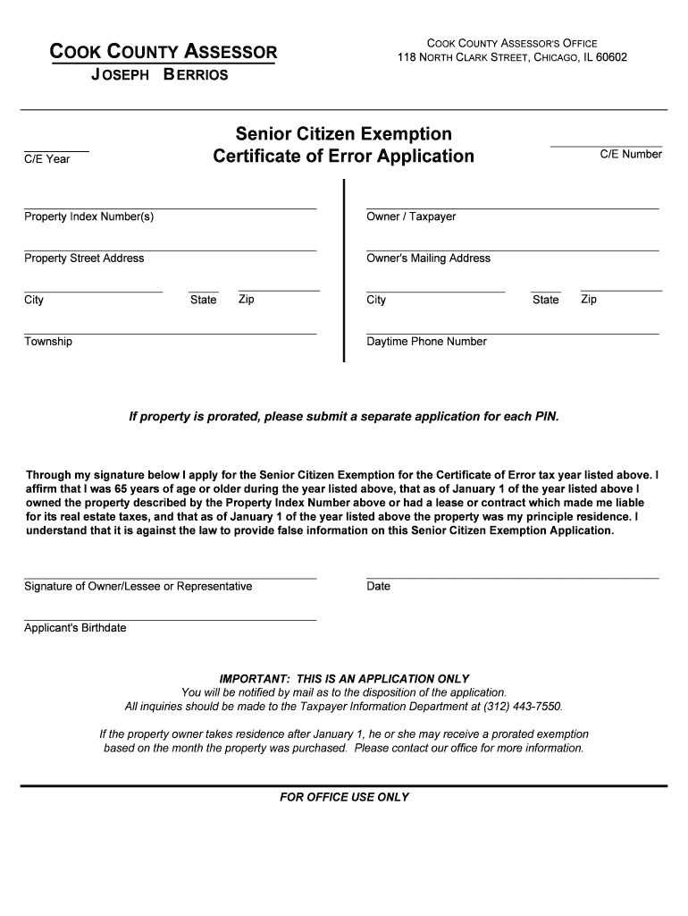 Cook County Senior Exemption Form For 2020 Fill Online Printable 