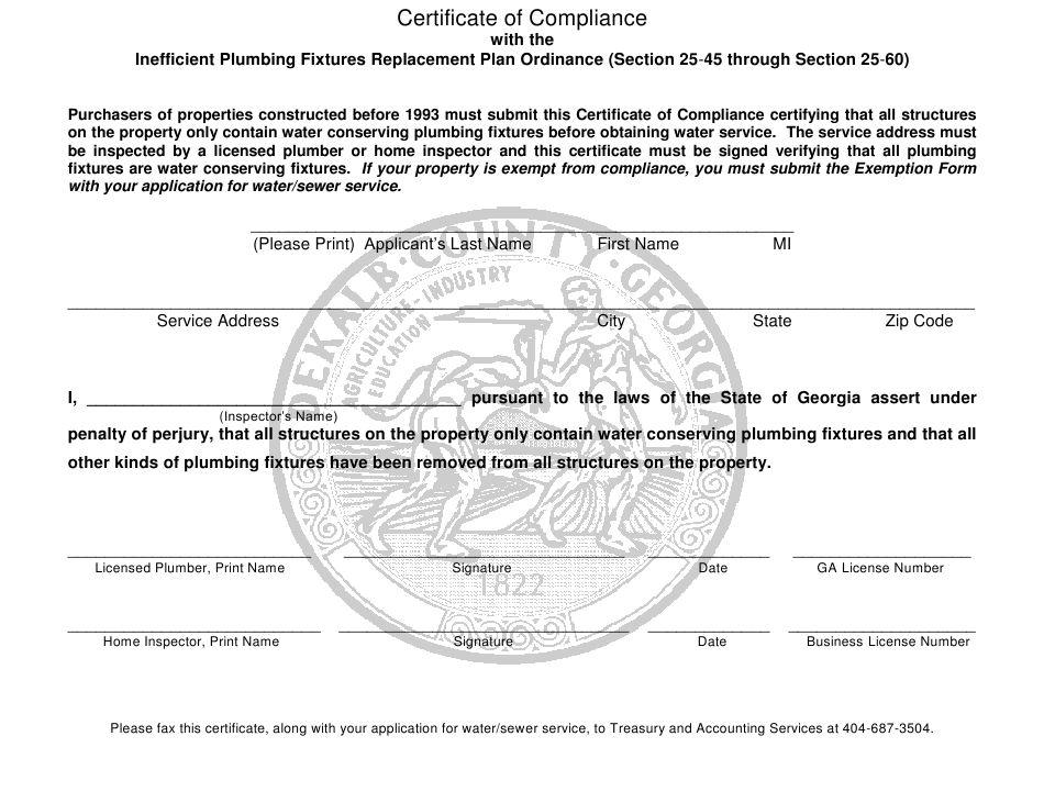 Dekalb County Certificate Of Compliance Or Exemption Form