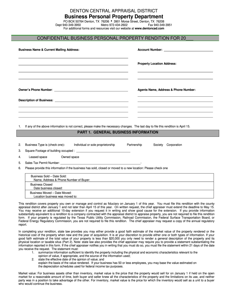 Denton County Business Personal Property Tax Rendition 2020 2021 Fill