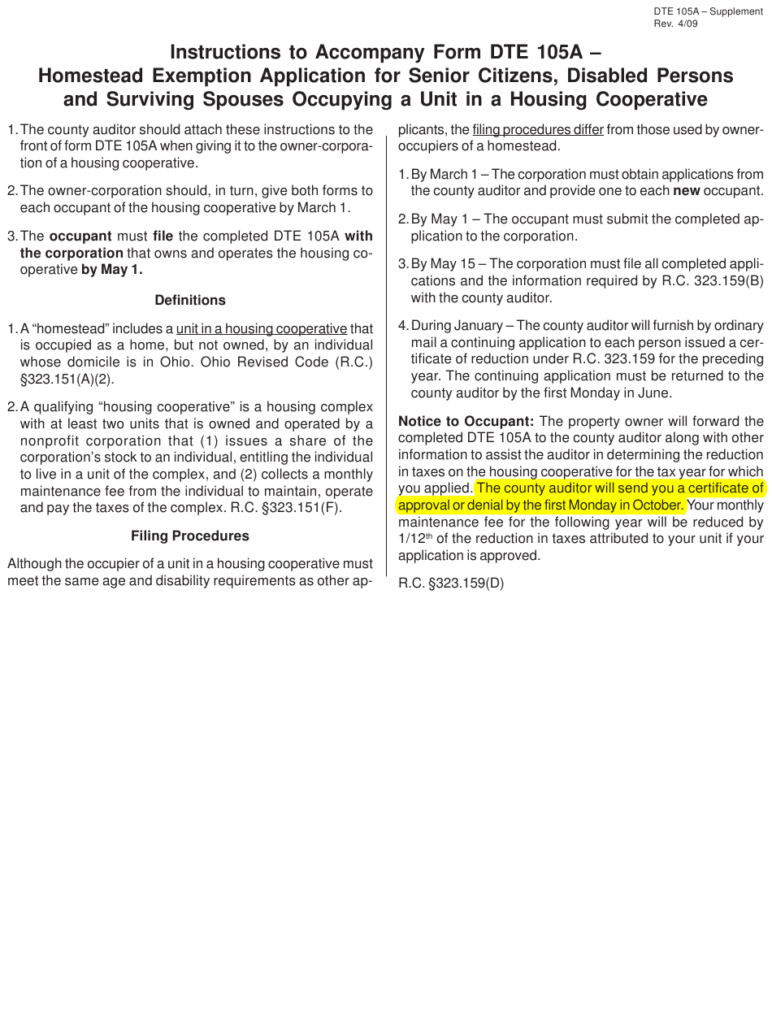 Download Instructions For Form DTE105A Homestead Exemption Application 