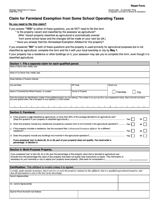 Fillable 2599 Claim For Farmland Exemption From Some School Operating 