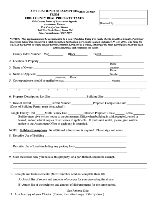 Fillable Application For Exemption From Erie County Real Property Taxes