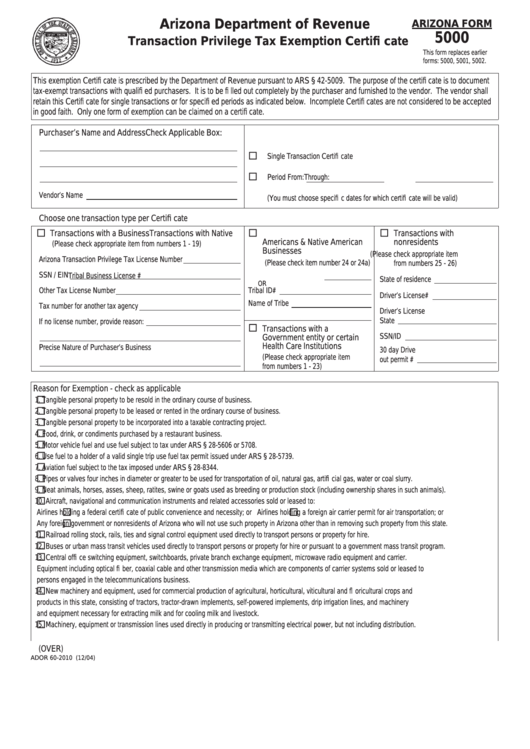 Fillable Arizona Form 5000 Transaction Privilege Tax Exemption 