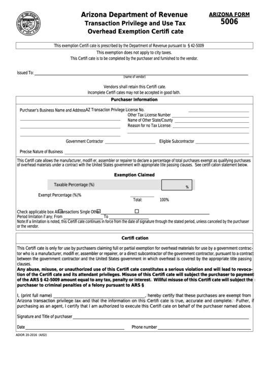 Arizona Sales And Use Tax Exemption Form