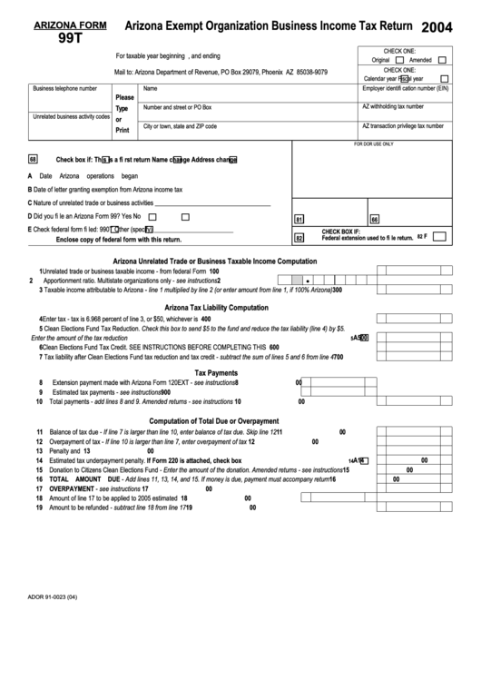 Fillable Arizona Form 99t Arizona Exempt Organization Business Income 
