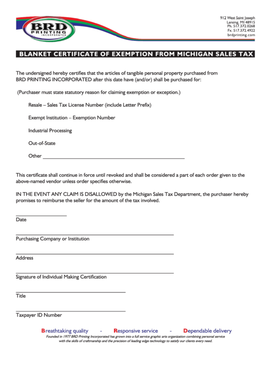 Fillable Blanket Certificate Of Exemption From Michigan Sales Tax 