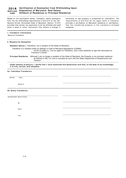Fillable Certification Of Exemption From Withholding Upon Disposition 