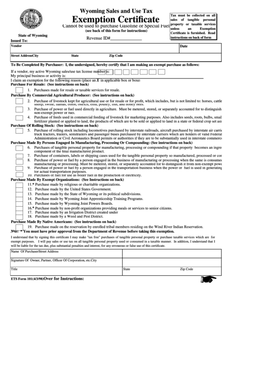 Fillable Ets Form 101 Exemption Certificate Form Wyoming Sales And 