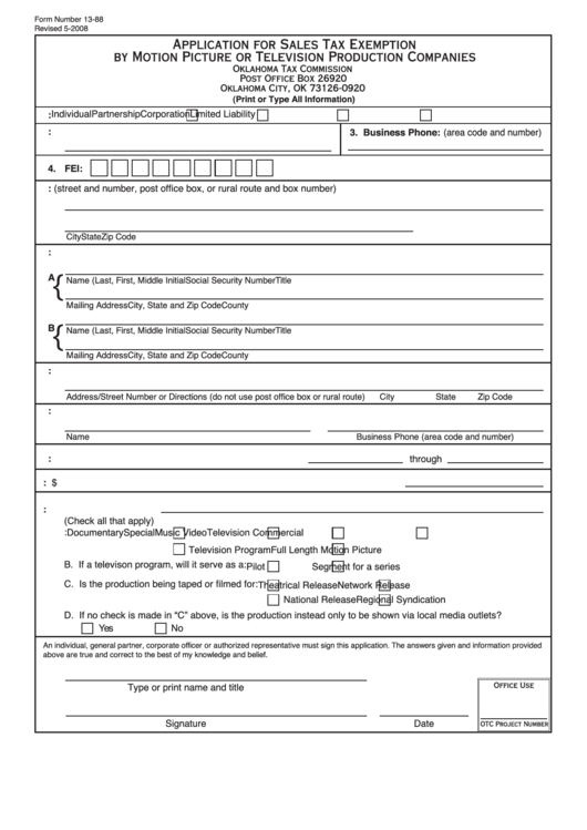 Fillable Form 13 88 Application For Sales Tax Exemption By Motion 