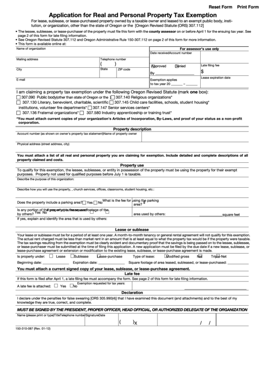 Fillable Form 150 310 087 Application For Real And Personal Property 