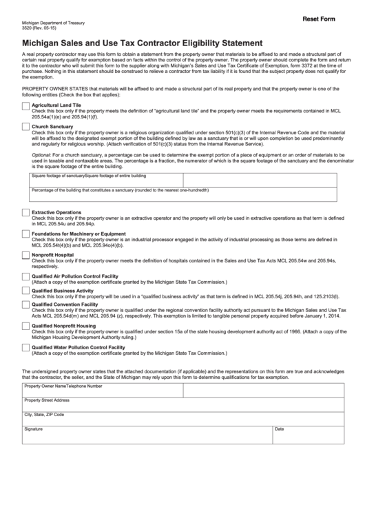 Fillable Form 3520 Michigan Sales And Use Tax Contractor Eligibility 