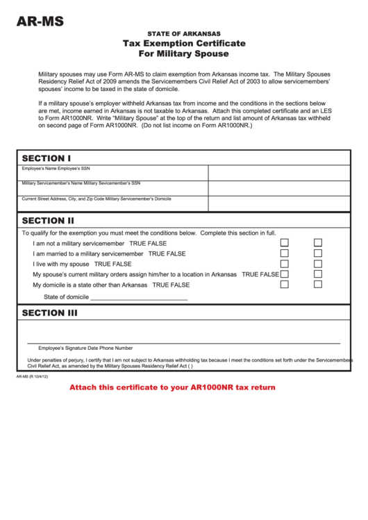 Fillable Form Ar Ms Tax Exemption Certificate For Military Spouse 