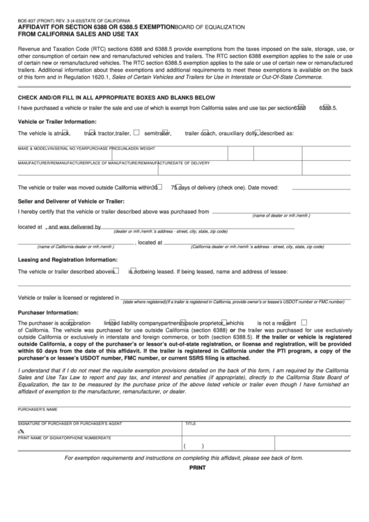 Fillable Form Boe 837 Affidavit For Section 6388 Or 6388 5 Exemption
