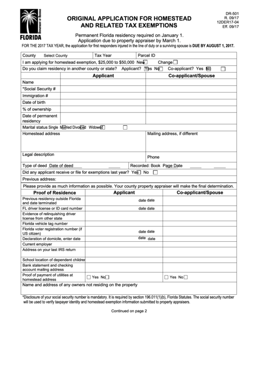 Fillable Form Dr 501 Original Application For Homestead And Related 