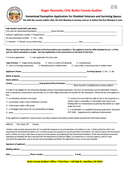 Fillable Form Dte 105i Homestead Exemption Application For Disabled 