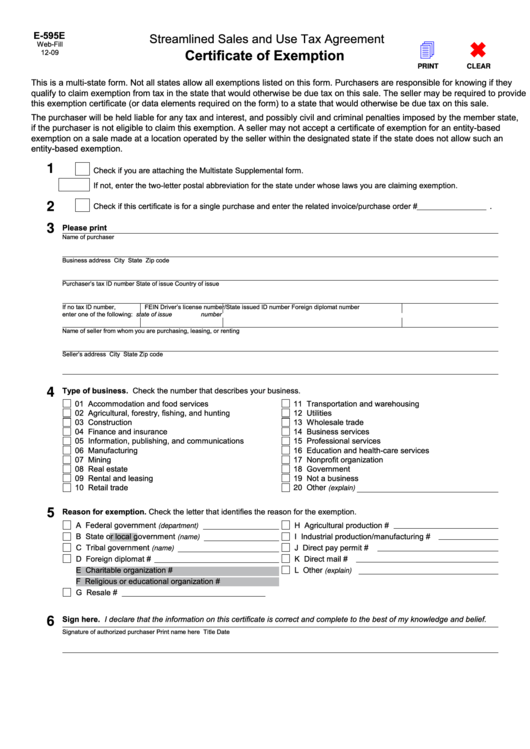 Fillable Form E 595e Streamlined Sales And Use Tax Agreement