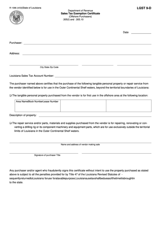 Fillable Form Lgst 9 D Sales Tax Exemption Certificate Printable Pdf 