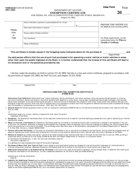Fillable Form M 38 Exemption Certificate Template State Of Hawaii 