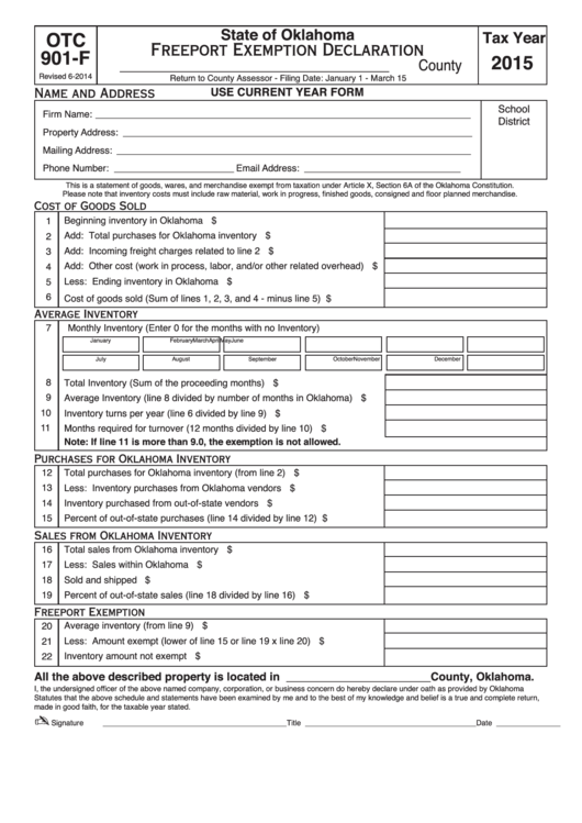 Fillable Form Otc 901 F Freeport Exemption Declaration 2015 