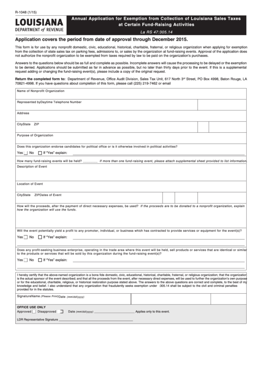 Fillable Form R 1048 Annual Application For Exemption From Collection 