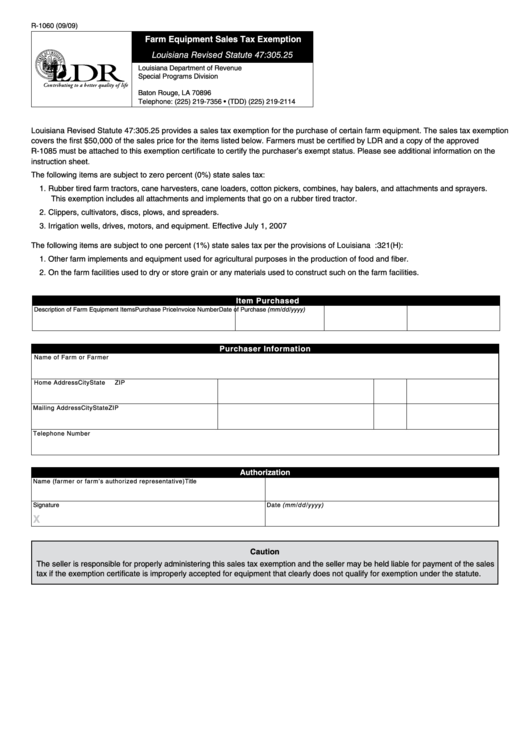 Fillable Form R 1060 Farm Equipment Sales Tax Exemption Printable Pdf 