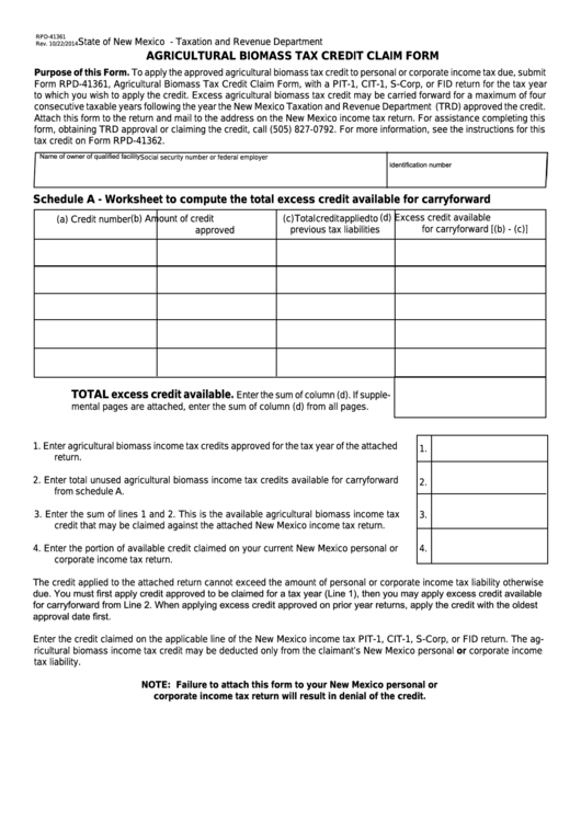 Fillable Form Rpd 41361 New Mexico Agricultural Biomass Tax Credit