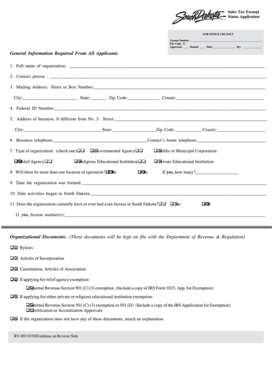Fillable Form Rv 093 Sales Tax Exempt Status Application 2003 