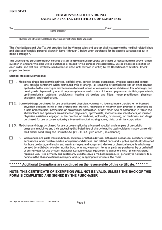 Fillable Form St 13 Commonwealth Of Virginia Sales And Use Tax 