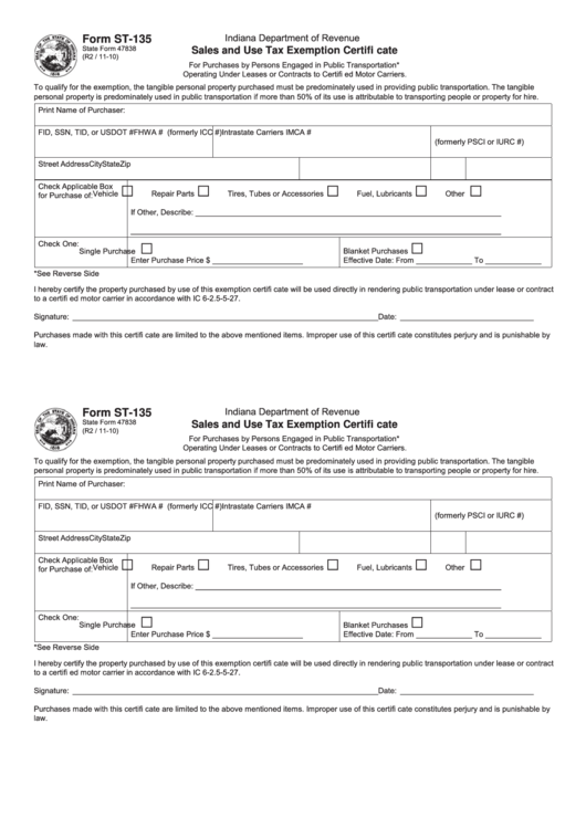 Fillable Form St 135 Sales And Use Tax Exemption Certificate 