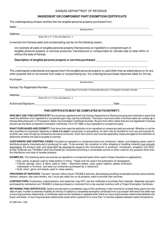 Fillable Form St 28d Kansas Department Of Revenue Ingredient Or 