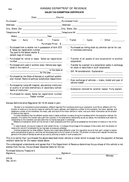 Fillable Form Std 8e Sales Tax Exemption Certificate Kansas