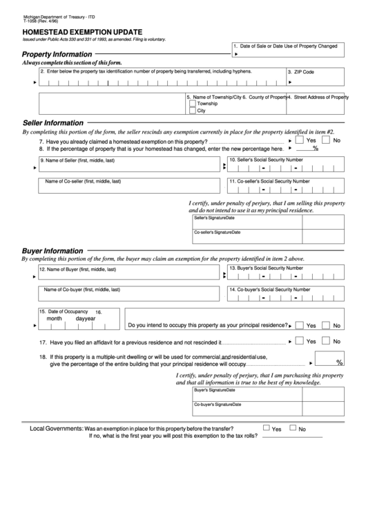 Fillable Form T 1058 Homestead Exemption Update 1996 Printable Pdf 