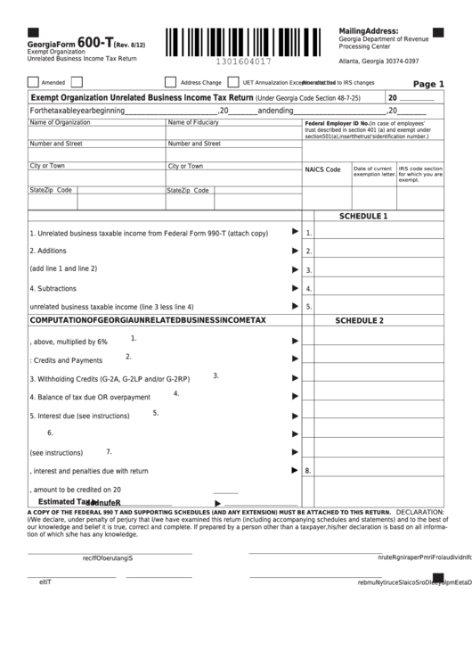 Fillable Georgia Form 600 T Exempt Organization Unrelated Business 