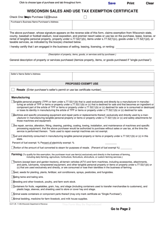 Fillable July 2009 S211 Wisconsin Sales And Use Tax Exemption Printable