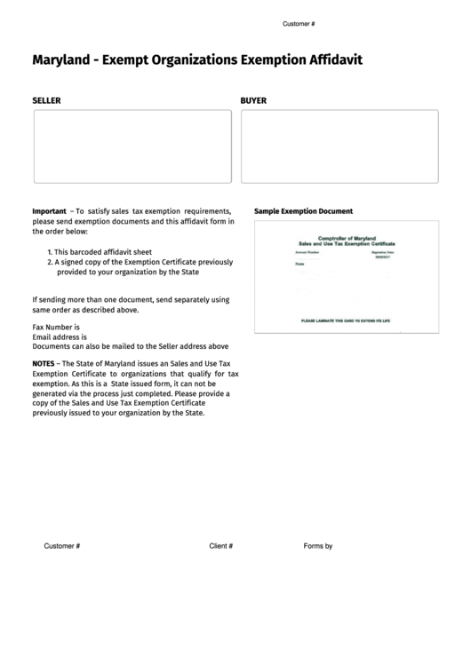 Fillable Maryland Exempt Organizations Exemption Affidavit Printable 