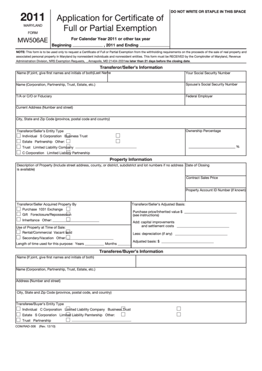 Fillable Maryland Form Mw506ae Application For Certificate Of Full Or 