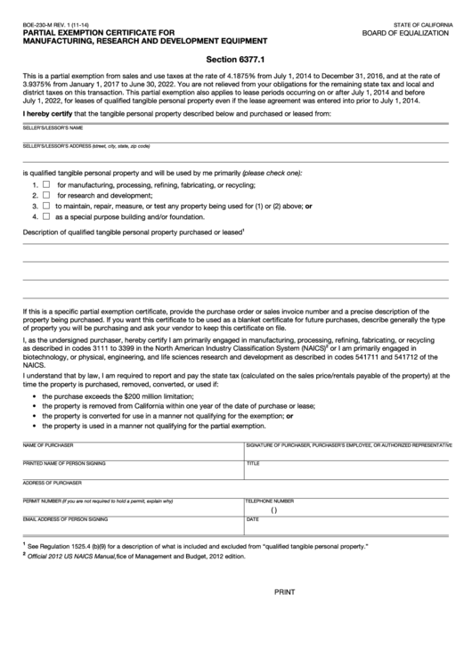 Fillable Partial Exemption Certificate Board Of Equalization State 