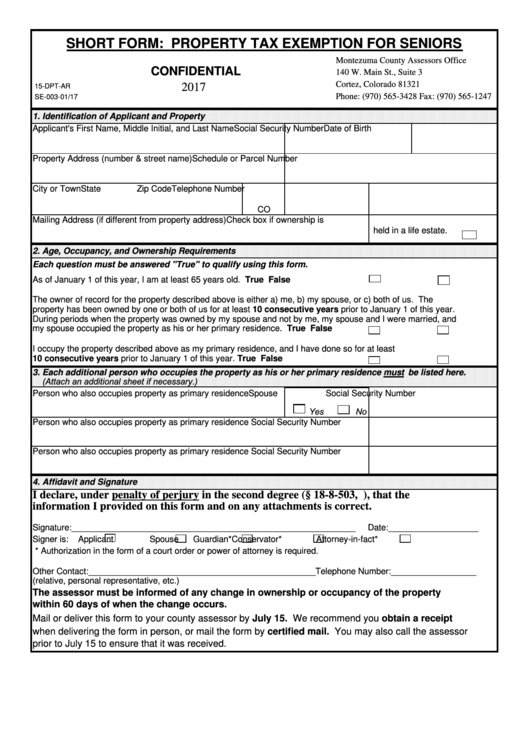 Fillable Short Form Property Tax Exemption For Seniors 2017