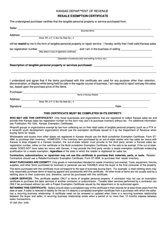 Fillable St 28a Resale Exemption Certificate Printable Pdf Download