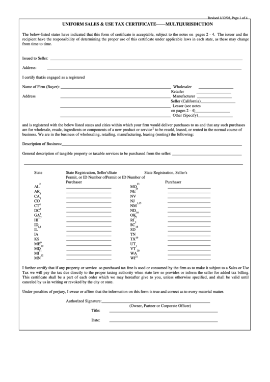 Fillable Uniform Sales Use Tax Certificate 3 4 Multijurisdiction 