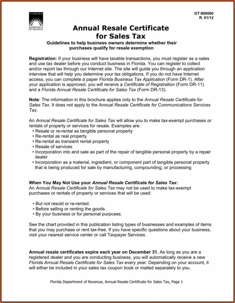 Florida Annual Resale Certificate Form Dr 13 Form Resume Examples 