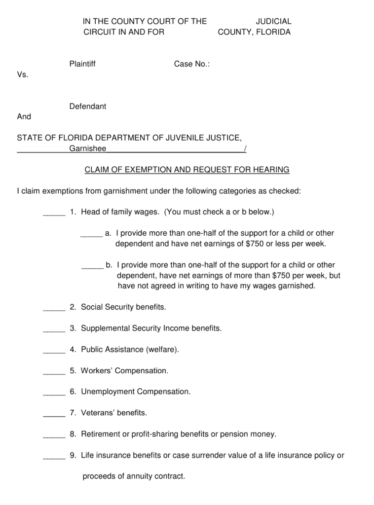 Florida Claim Of Exemption And Request For Hearing Download Printable