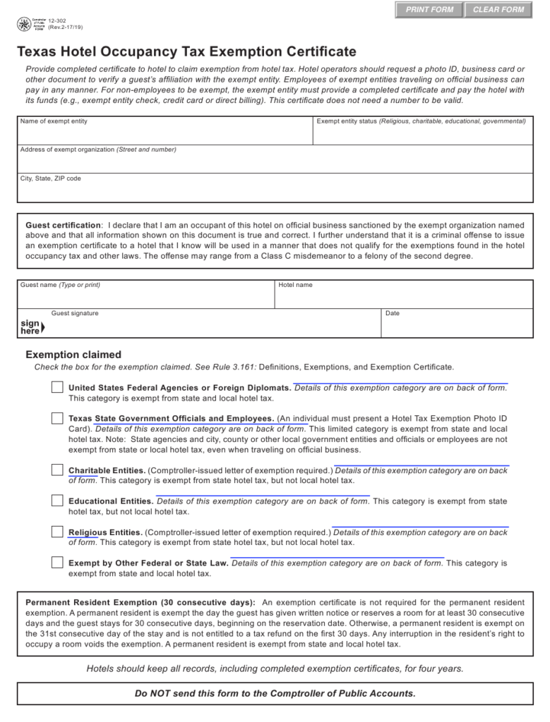 Form 12 302 Download Fillable PDF Or Fill Online Hotel Occupancy Tax