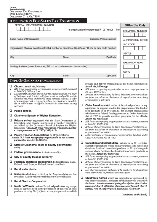 Form 13 16 A Application For Sales Tax Exemption Oklahoma Tax 
