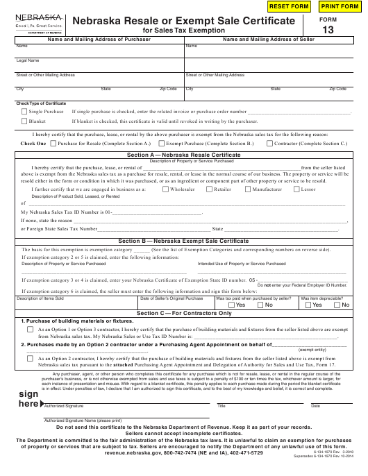 Form 13 Download Fillable PDF Or Fill Online Nebraska Resale Or Exempt 